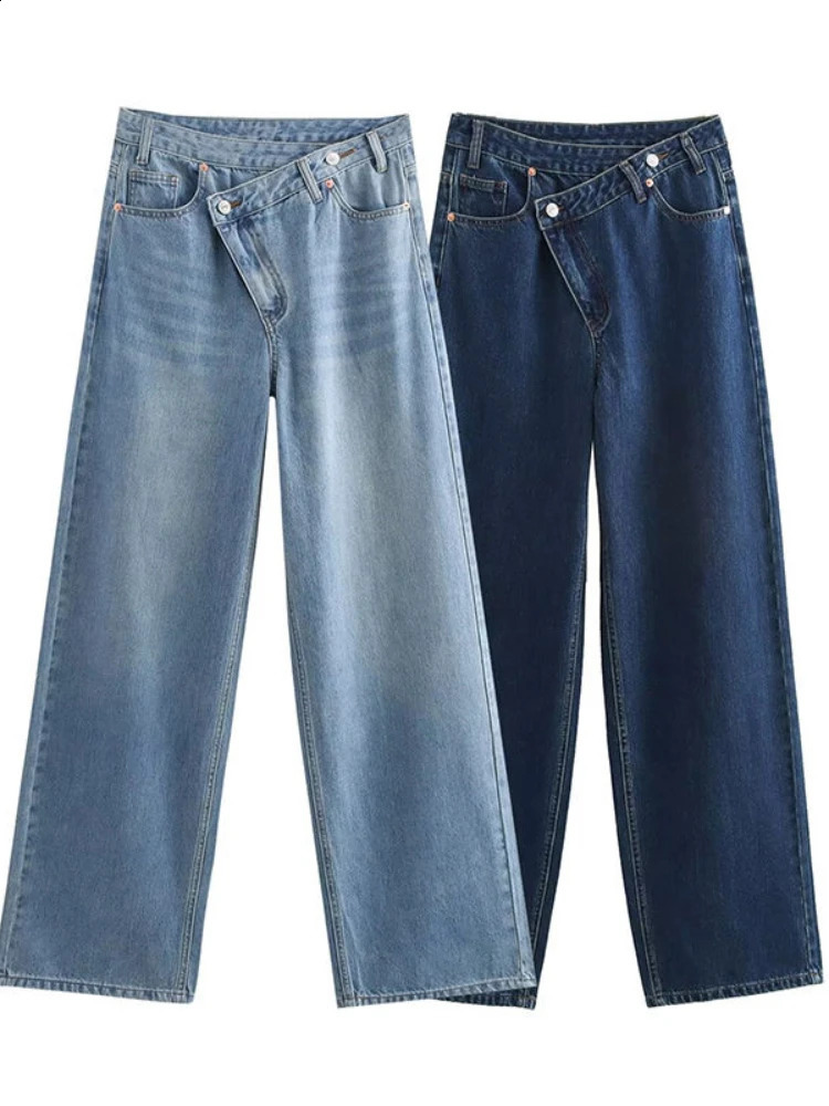 HOUZHOU Women Wide Leg Jeans Vintage Irregular Washed Denim Trousers Aesthetic Baggy Straight Asymmetrical High Waist Z260313