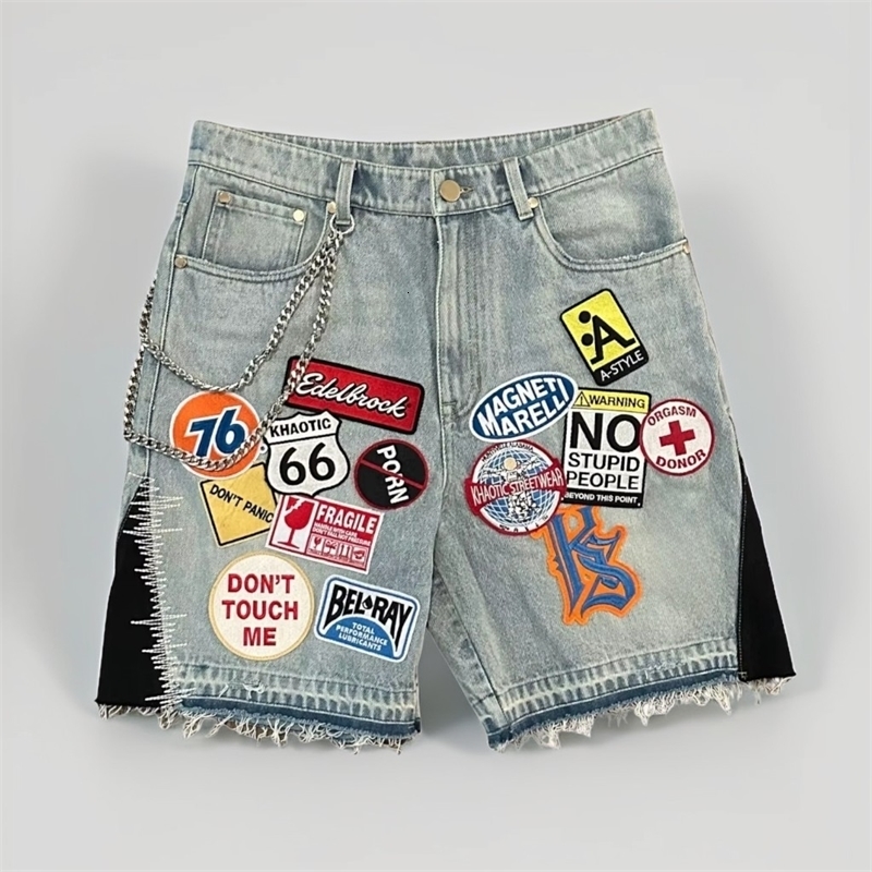Retro Blue Streetwear Patchwork Denim Short Y2K Jeans Men Women Hip Hop Cartoon Graphics Loose Camo Fitness Casual Shorts 250822