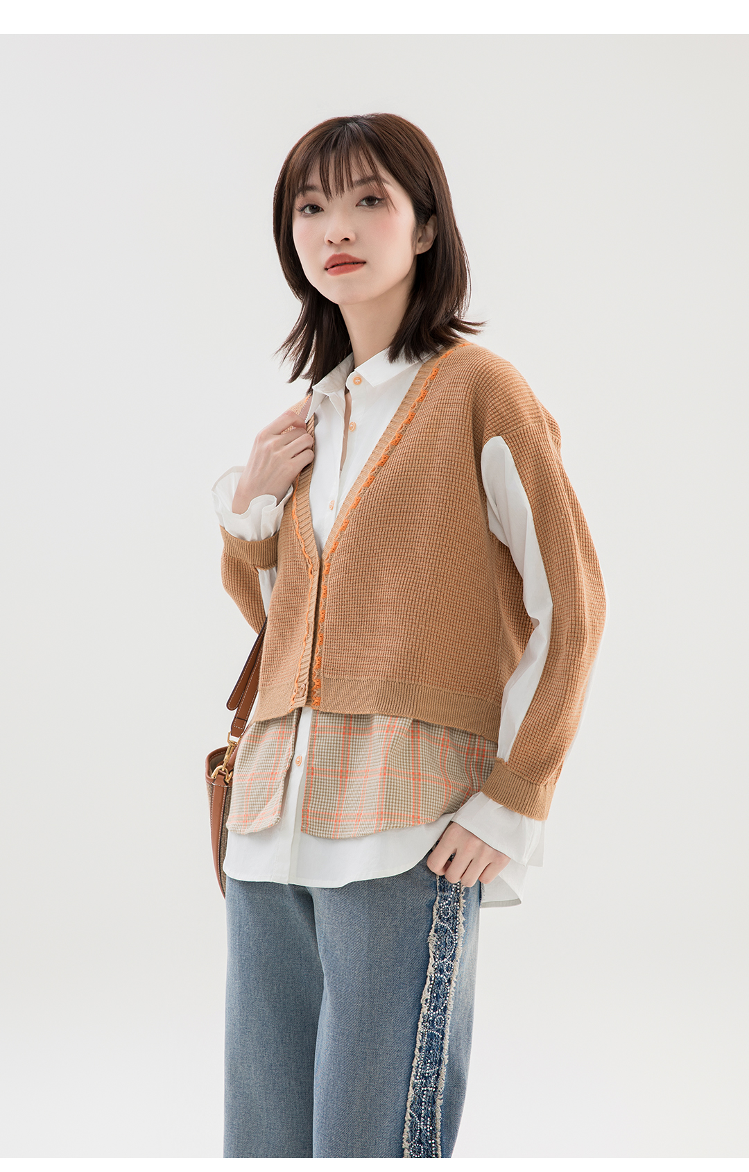 Women's Autumn Knit Patchwork Shirt with Color Block Design - Loose Fit Long Sleeves - S32523