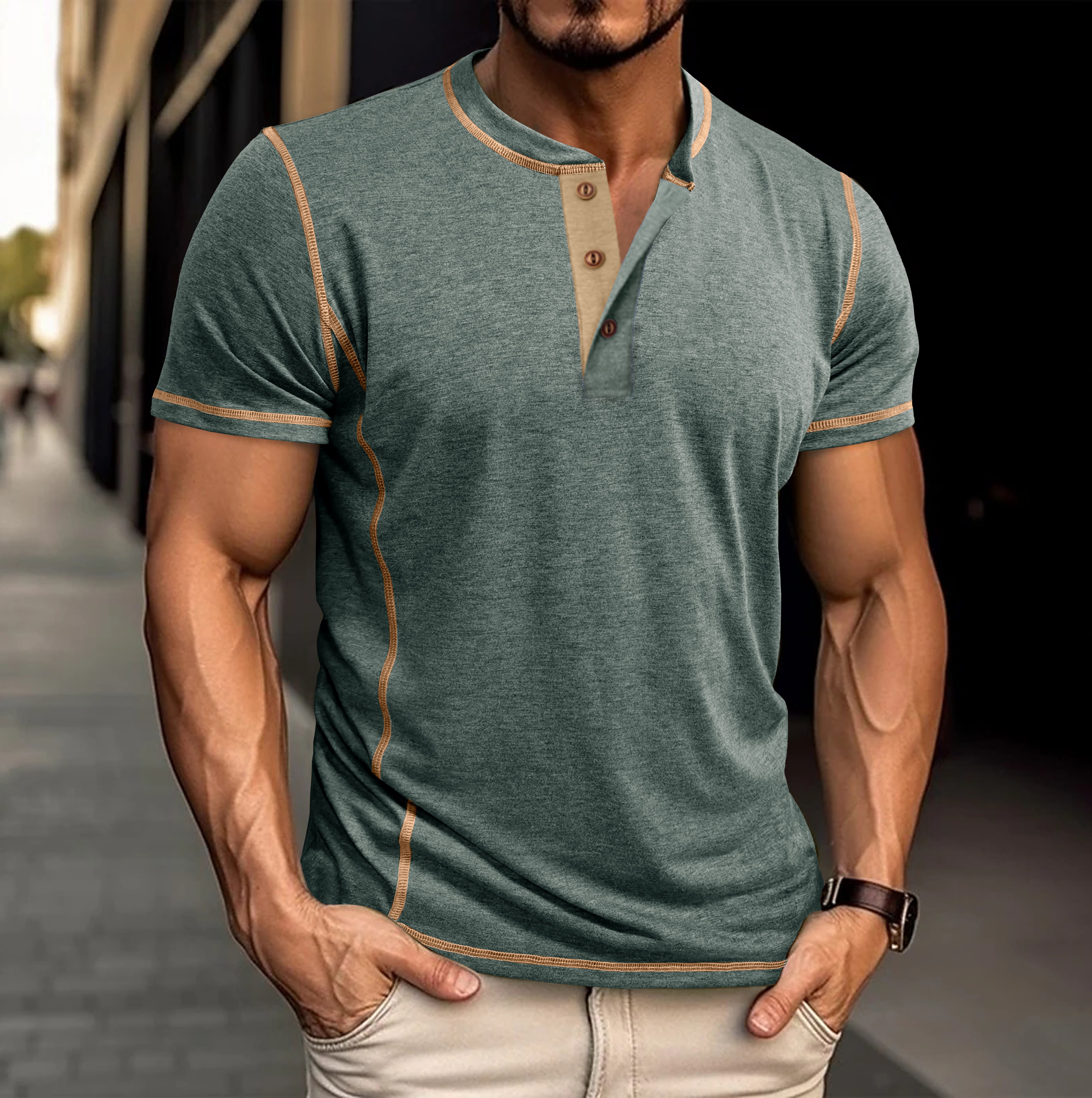 Men's Short - Sleeve Henley Shirt, Burgundy with Contrast Trim and Button Placket