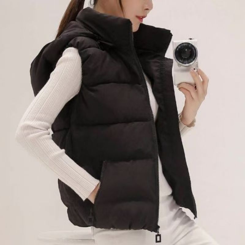 Down cotton vest womens autumn and winter new style chest badge short Korean version loose vest jacket with vest shoulder and Hooded collar