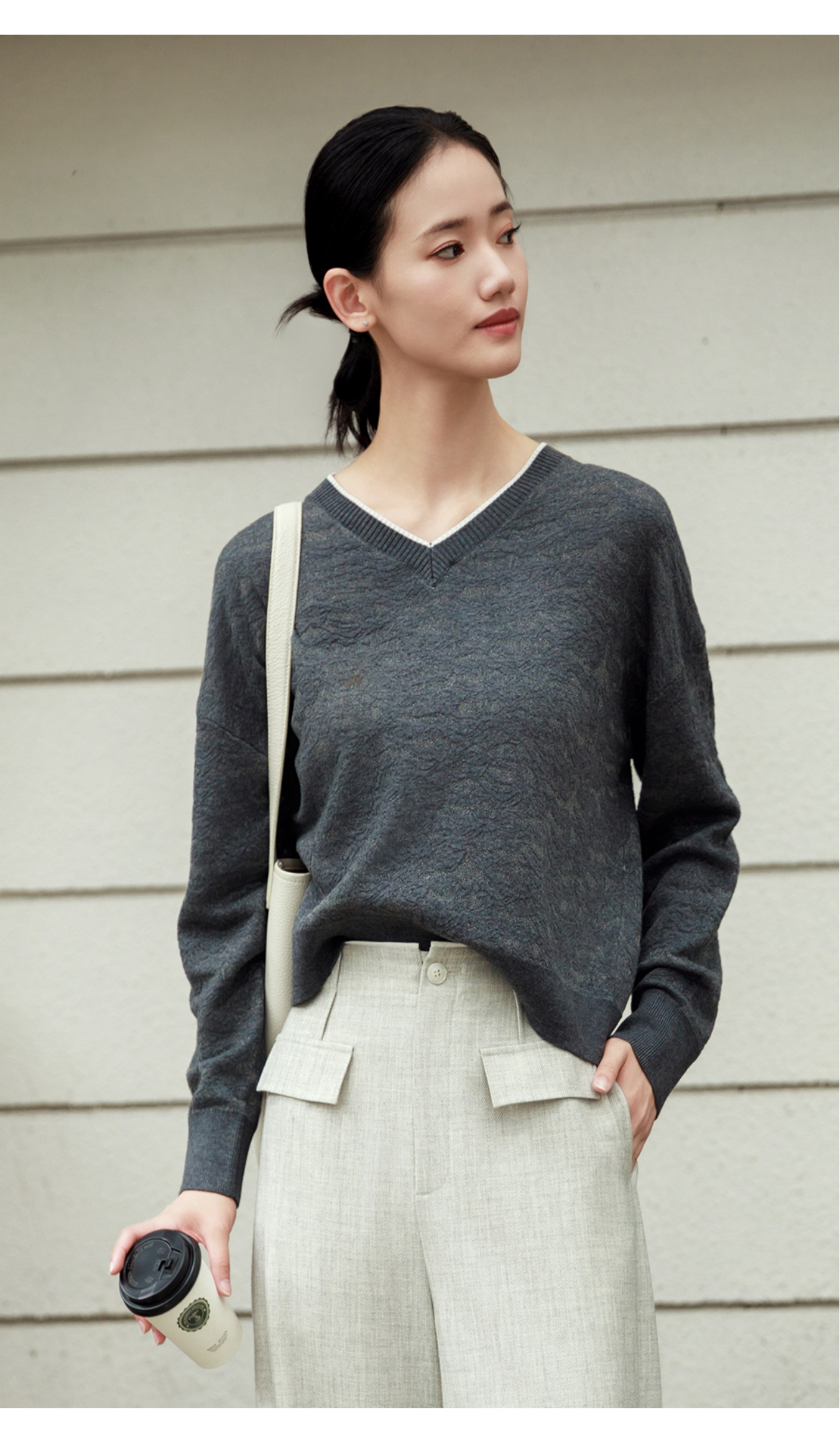 Women's V-neck Knitted Sweater - Stylish Wool Blend Long Sleeve Pullover for Fall/Winter - A40518