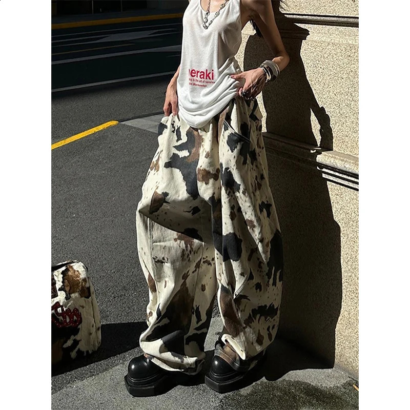 Women Apricot Y2k Baggy Harajuku Vintage Graffiti Print Denim Trousers Japanese 2000s Style Jeans Pants Oversize Clothes Z260314
