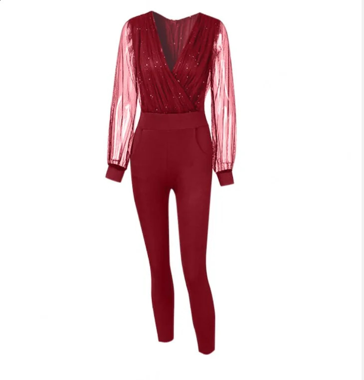 Black Womens Jumpsuit Elegant Sequins Mesh Glitter Party Night Sexy Summer Long Pants Rompers 250823