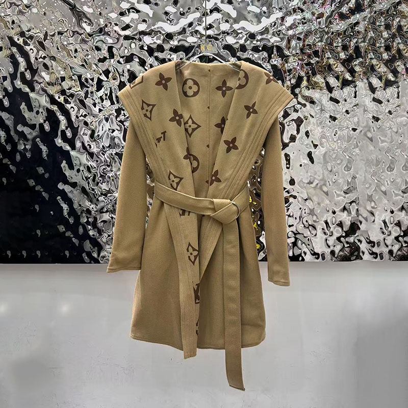 25SS Designer Autumn/Winter New Fashionable Trendy High Quality High Grade Letter Printed Double sided Cashmere Hooded Belt for Slimming, Medium length Coat Coat S - L