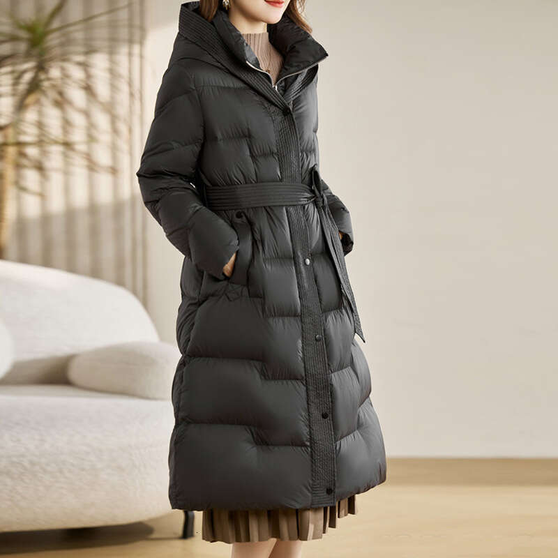 Over-the-Knee White Duck Down Jacket for Women, Long High-End Winter New Fashion Slim Waist Tie Slimming Warm Coat Trendy