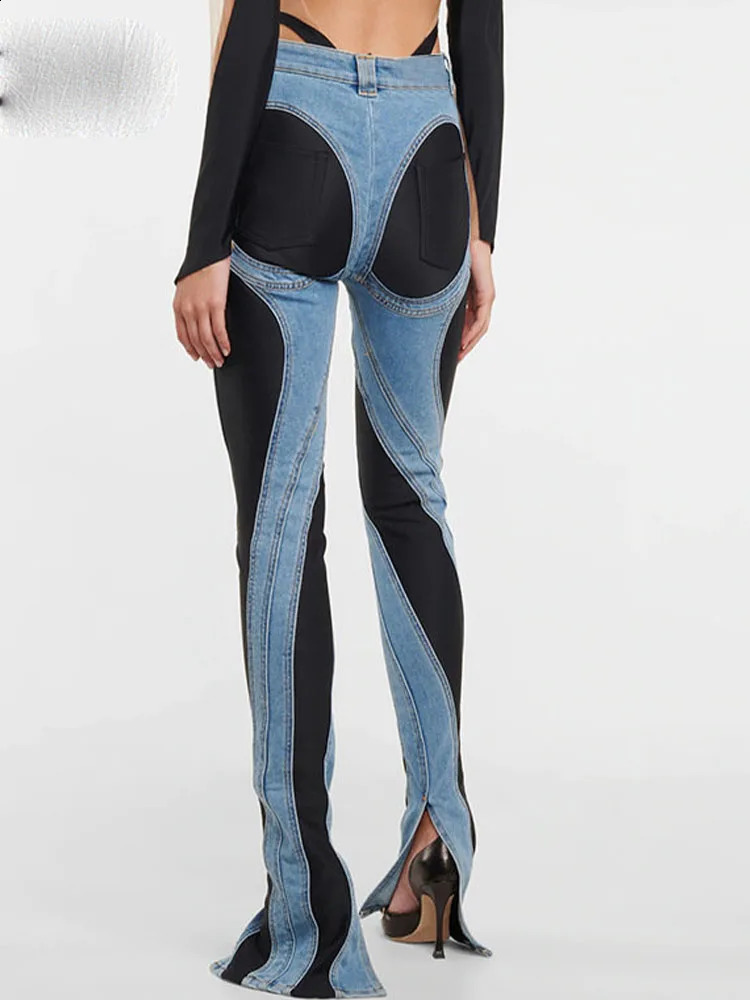 Fashion ner Color Block Womens Jeans Slim Deconstruct Panelled Patchwork High Waist Split Blue Long Denim Pants Autumn 250823