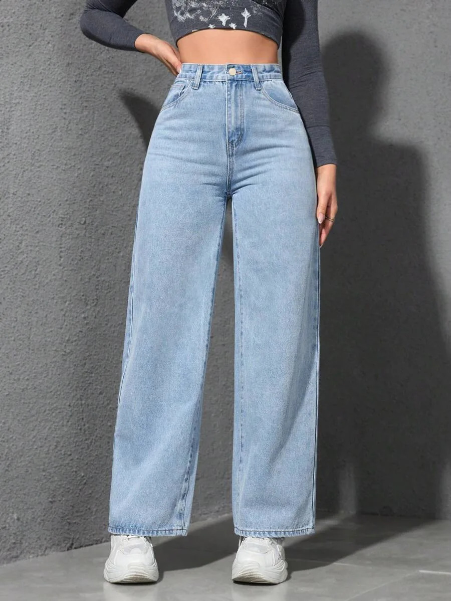 Retro Loose Wide Leg Jeans Women Solid Straight Wash High Elastic Waist Denim Pants Casual Strtwear Pocket Trousers Z260313