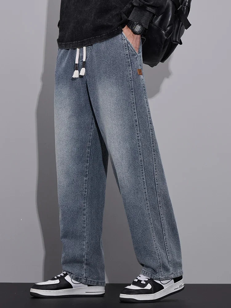 Spring Baggy Wide Leg Jeans Mens Elastic Waist Textured Fabric Jogging Pants Fashion Korean Streetwear Casual Loose Trousers 250819