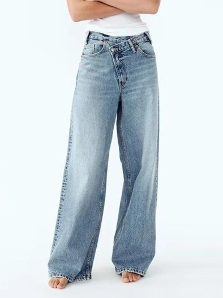 HOUZHOU Women Wide Leg Jeans Vintage Irregular Washed Denim Trousers Aesthetic Baggy Straight Asymmetrical High Waist Z260313