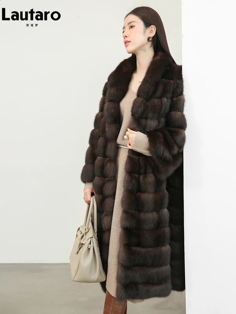 Lautaro Autumn Winter Elegant Chic Long Thick Warm Faux Sable Fur Coat Women Shawl Collar High Quality Fluffy Overcoat 250823