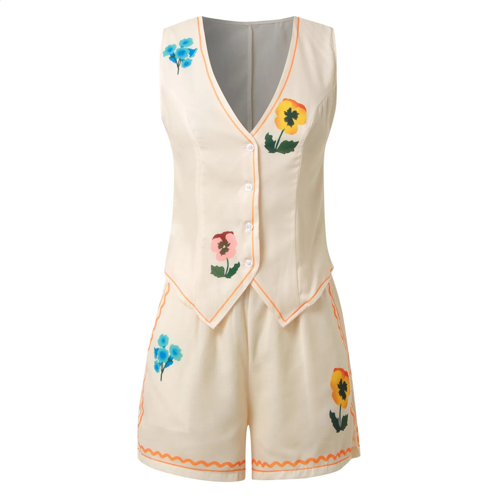 Vintage 2025 Summer Short Sets Floral Embroidery Woman 2 Piece Outfits V Neck Sleeveless Buttons Vest Top Short Pants Suit 250823