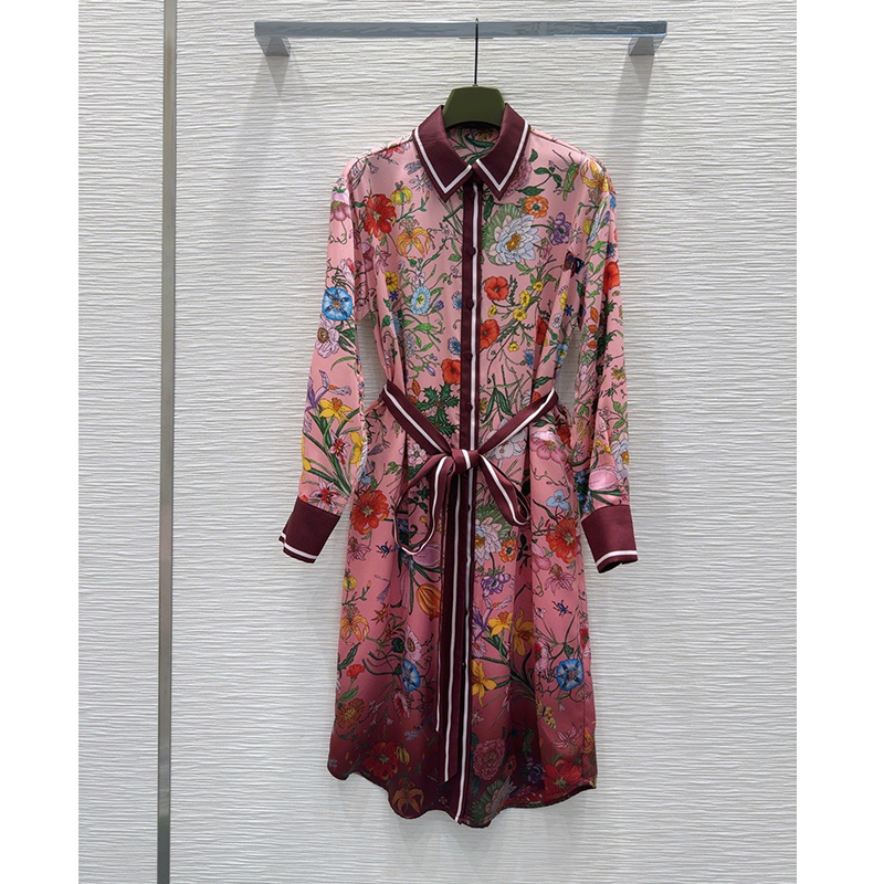 Fashion Brand 2025 Women Lady Dresses Flower Print Lapel With Belt Single Breasted Dress Elegant Long Sleeve High Waist Long Dress