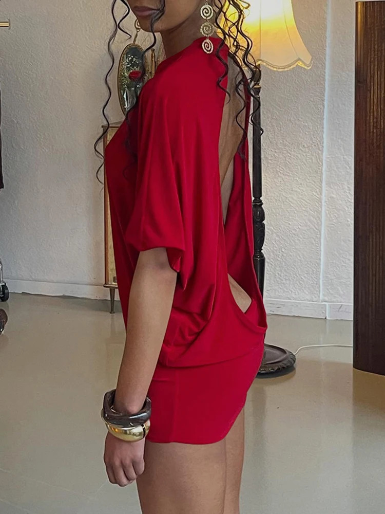 Cute Solid Backless Women Mini Dress Trend Summer Sexy Chic Half Sleeve Crew Neck Body-shaping Frock Mujer Simple Party Wear 250823