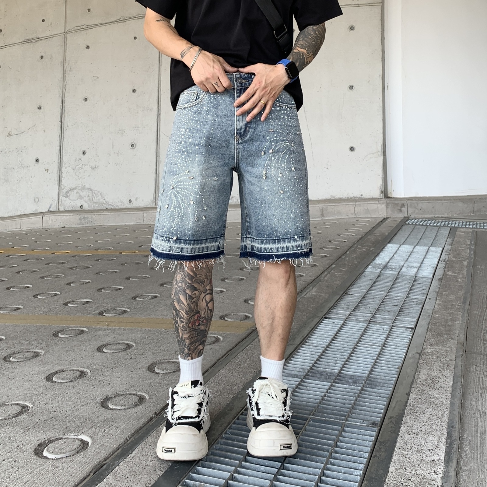 Peerage Y2k vintage rhinestone wash wide leg bag long Jorts mens streetwear excessive wear black gray loose denim jeans shorts 250109