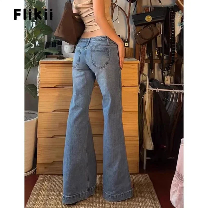Womens Retro Washed Low Waisted Flared Jeans Chic Casual Wideleg Pants Female Sexy Denim Bellbottoms Trousers Y2K Z260313