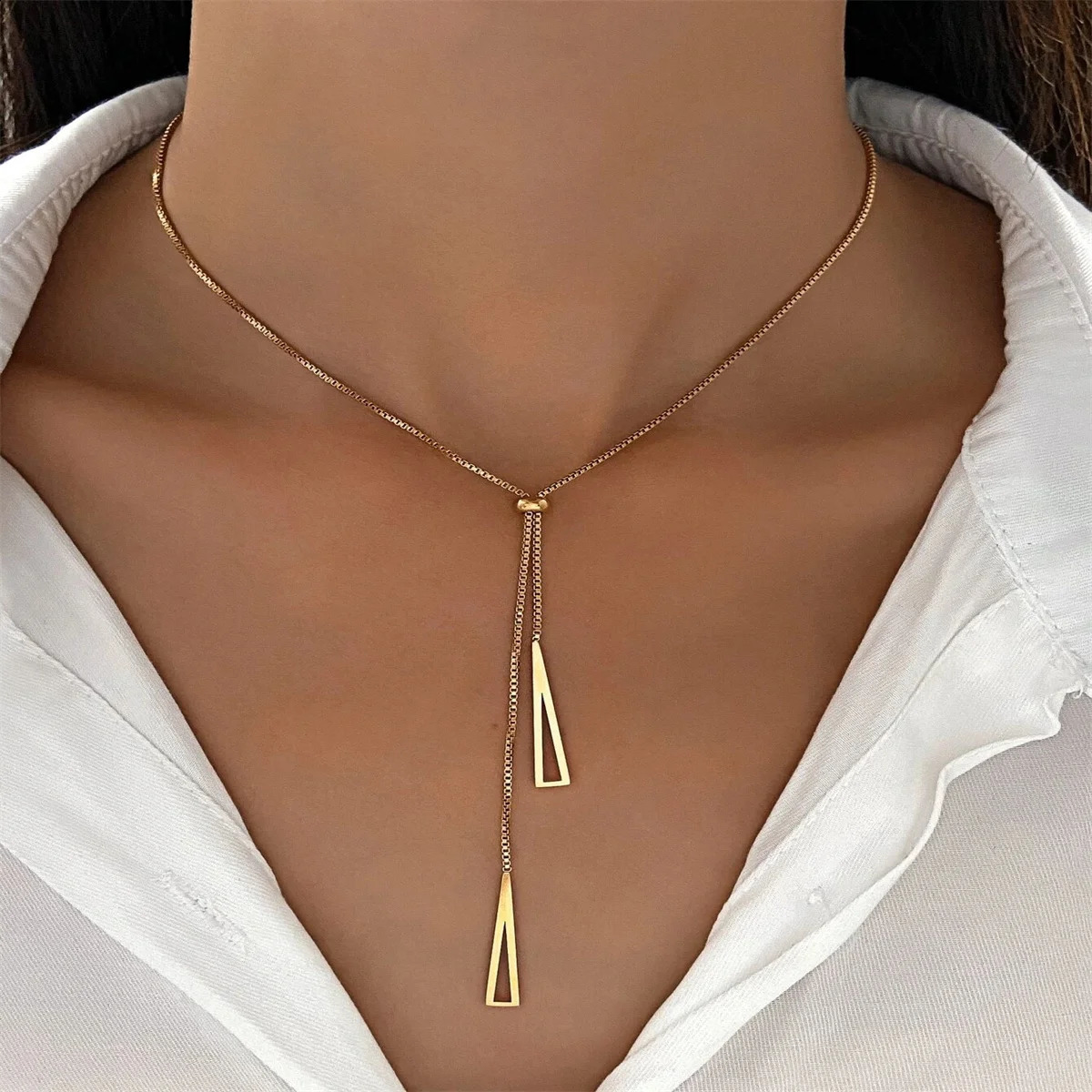 Fashion Gold Color Triangle Pendant Necklace Stainless Steel Simple Charm Y Lariat Necklaces for Women Boho Minimalist Jewelry 250811