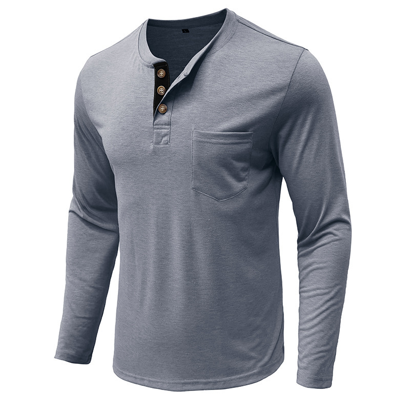 Men's Henley Long Sleeve Shirt, Light Brown Casual Cotton Tee with Chest Pocket