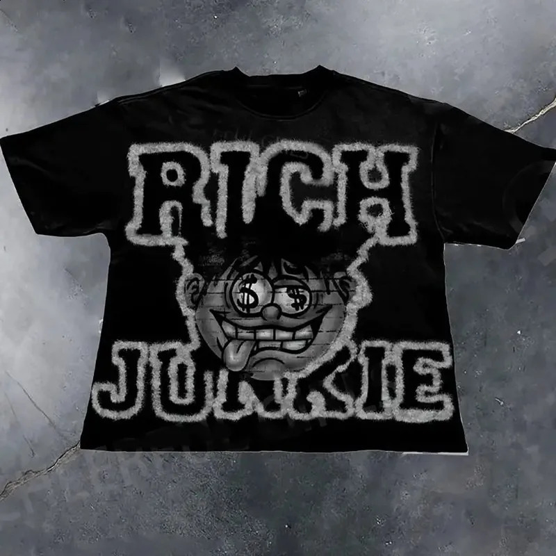 Mens Black Tshirt with Printed RICH JUNKIE Letters Creative Street Style Music Hiphop Fashion Casual Tops 250822