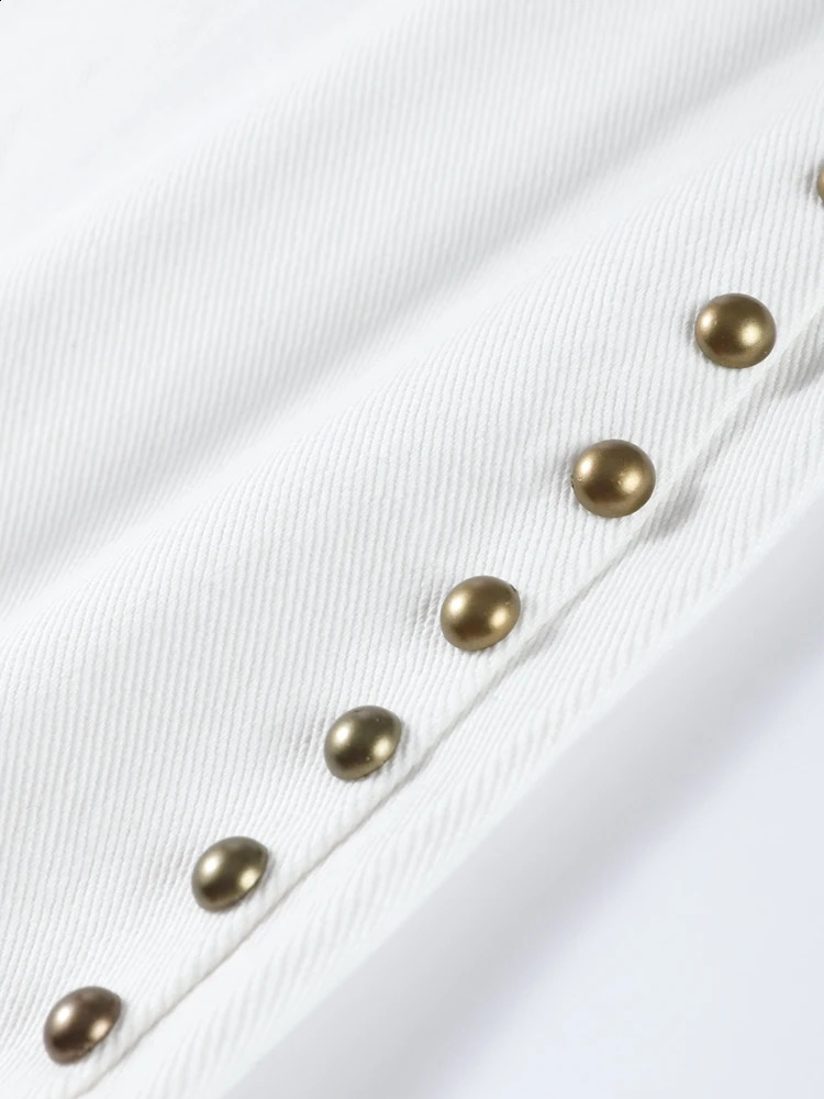 Trendy Womens White Denim Jeans High Waist Straight Leg Baggy Pant With Gold Bead Studs Female Casual Chic Streetwear Trousers Z260313