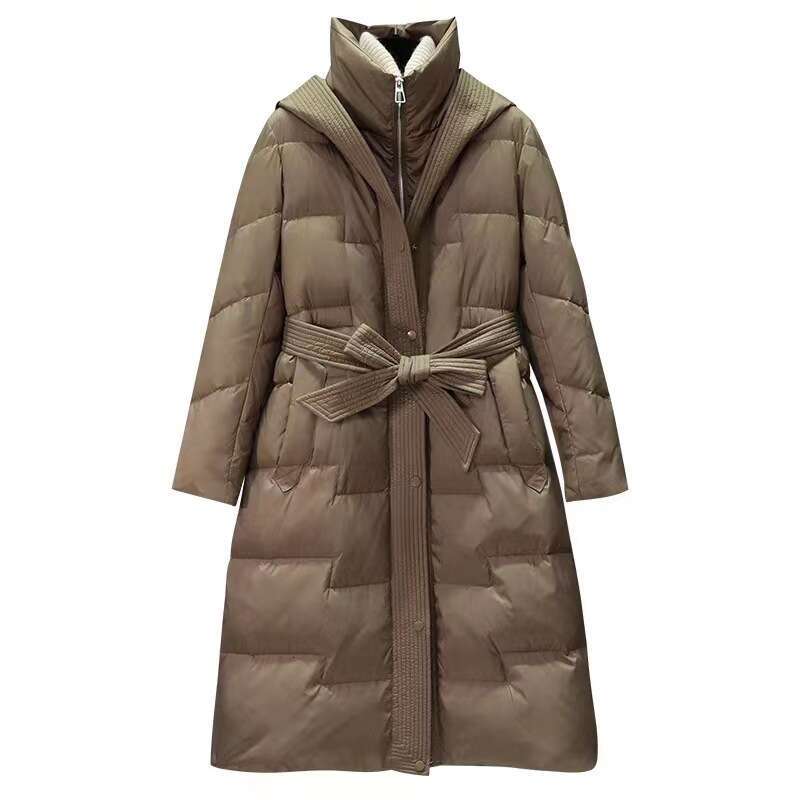 Over-the-Knee White Duck Down Jacket for Women, Long High-End Winter New Fashion Slim Waist Tie Slimming Warm Coat Trendy