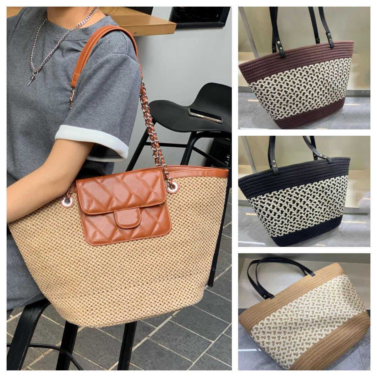 Designer woven straw tote bag Weekend beach bag Handbag Large capacity shopping bag Luxury Underarm bag Casual designer weekend travel bag Large shoulder bag