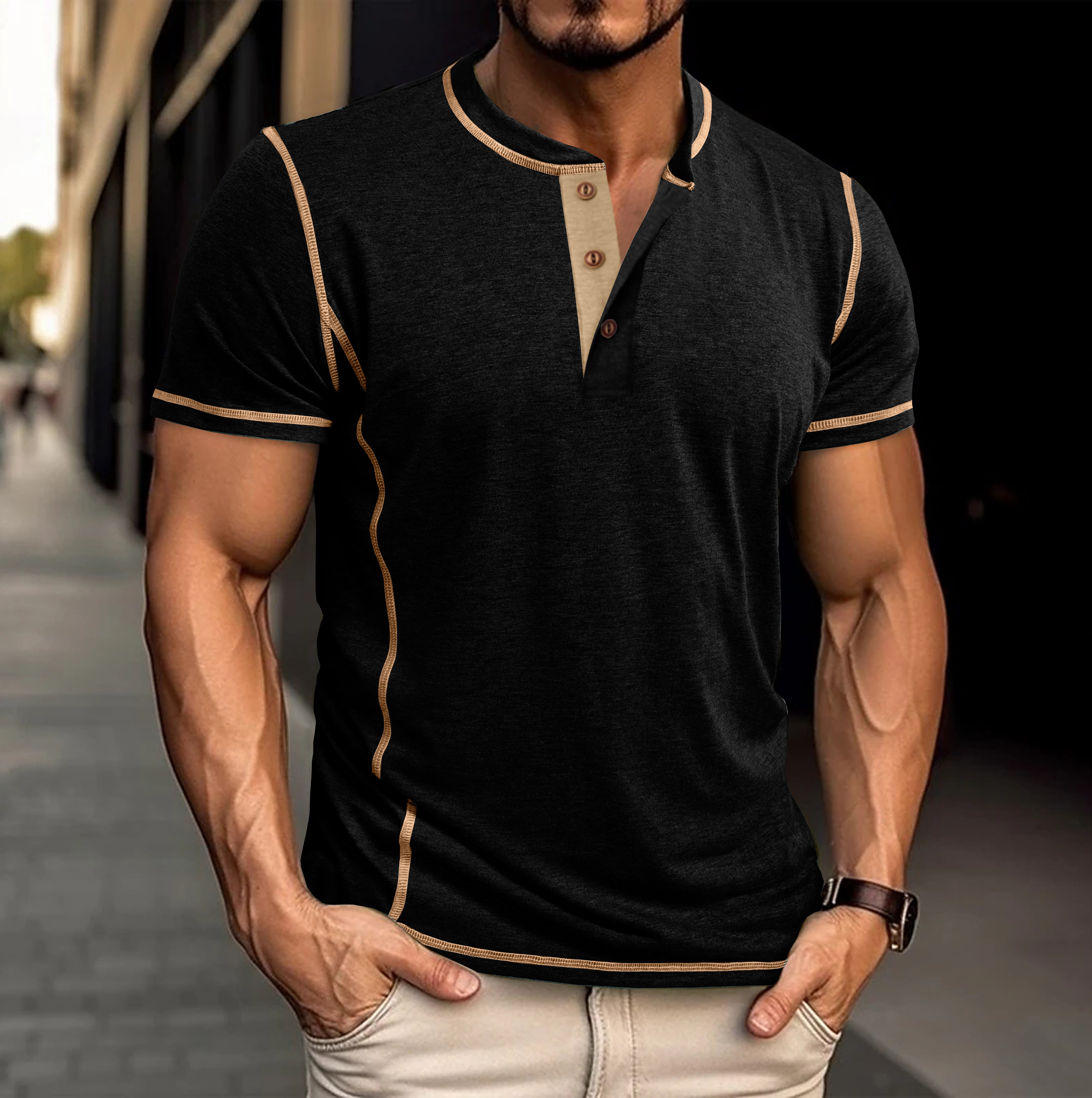 Men's Short - Sleeve Henley Shirt, Burgundy with Contrast Trim and Button Placket