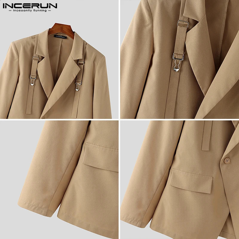 INCERUN Tops 2025 American Style Fashion Men Deconstruct Metal Buckle Suit Coat Casual Streetwear Male Solid Long Sleeved Blazer 250823