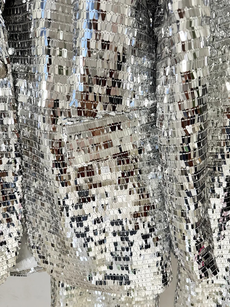 HIGH STREET est Stylish Suit Set Womens Trim Single Button mesh Sequined Blazer Pants Set 250823