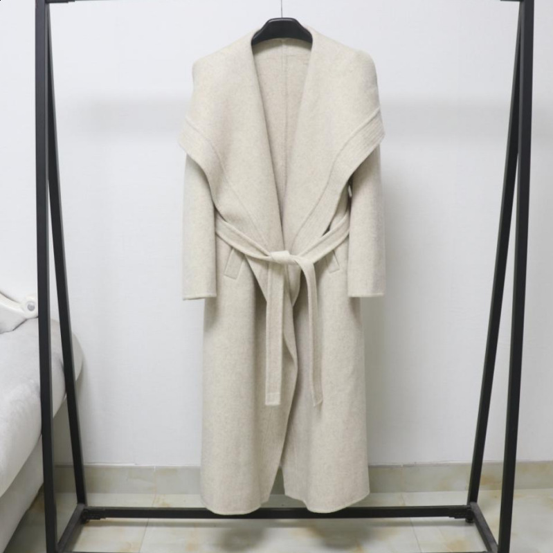 2025 Autumn Winter New Patterned Edge Double-Sided Wool Coat Elegant Tie Loose Long Woolen Jacket Womens Fashion 241129