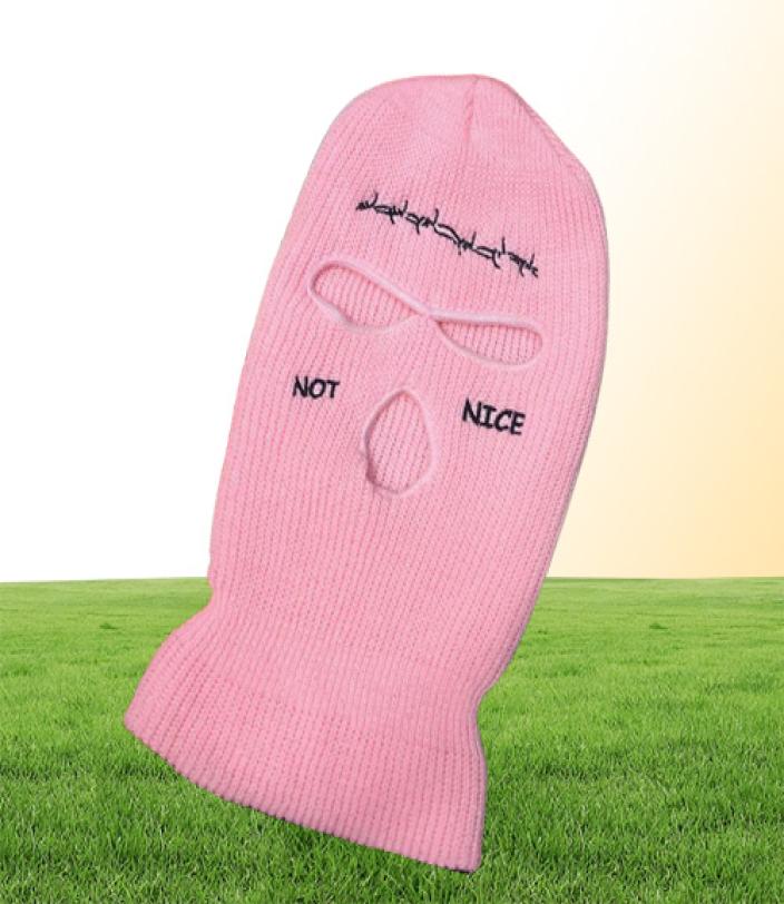 Berets NOT NICE Embroidery Threehole Balaclava Knit Hat Army Tactical CS Winter Ski Riding Mask Beanie Prom Party Warm6194019
