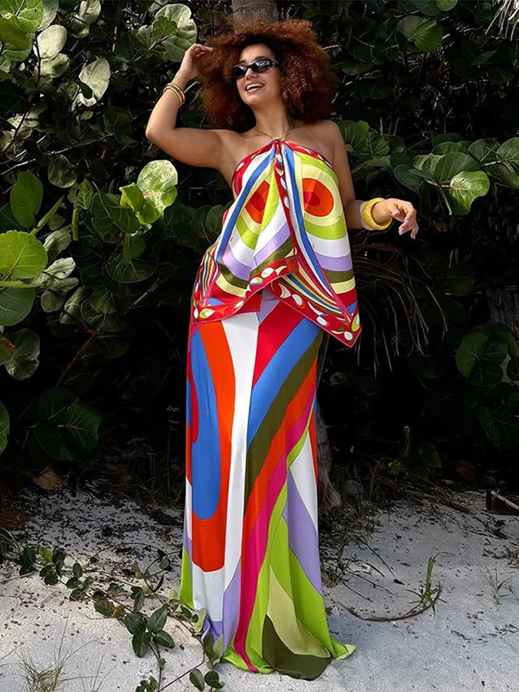 Irregular Printed Strapless Womens Vest Skirts 2 Piece Set Backless Sexy Halter Suspender Girls Style Beach Vacation Suits 250823