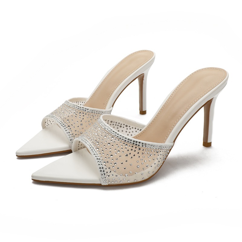 Designer 2025 Summer New Style One-Strap Thin Heel High Heel Slippers for Women Suede Pointed Toe Fashionable Outdoor Sandals 15