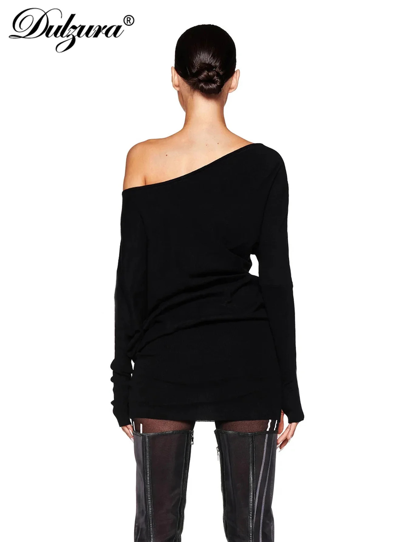 Dulzura Sexy Long Sleeve Mini Dress Oblique Shoulder Solid Simple Dresses Party Club Birthday Vacation Date Y2K Women Clothes 250822