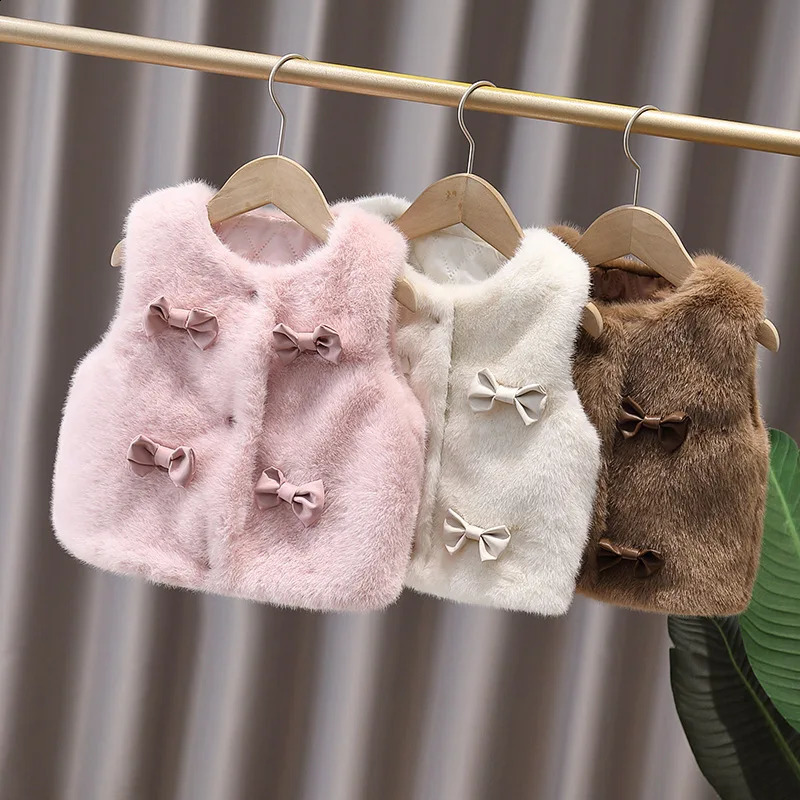 Girls Faux Fur Vest Autumn Winter Fashionable Bow Waistcoat Jackets Children Clothing Sweet Cotton Coats 2-12 Years 250823