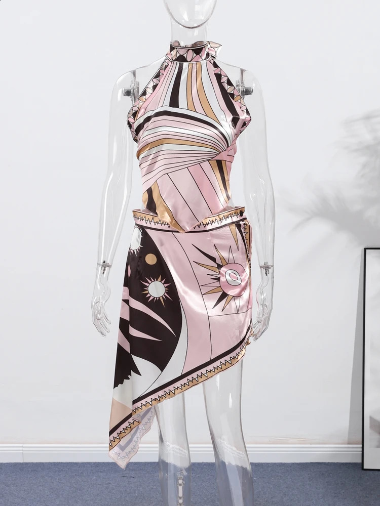 Print Irregular Womens Short Skirt Suits Halter Lace Up Backless Sleeveless Tank Top High Waist Sets Summer Lady Beach Outfits 250823