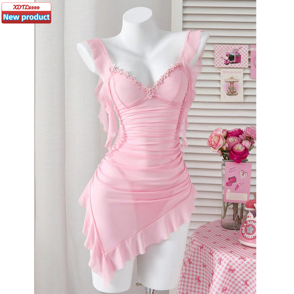 Womens Sexy Babydoll Lingerie Beautiful Soft Pink Lace Trim Firm Control XL Size Embroidery Bow Decor Bodysuits Spandex