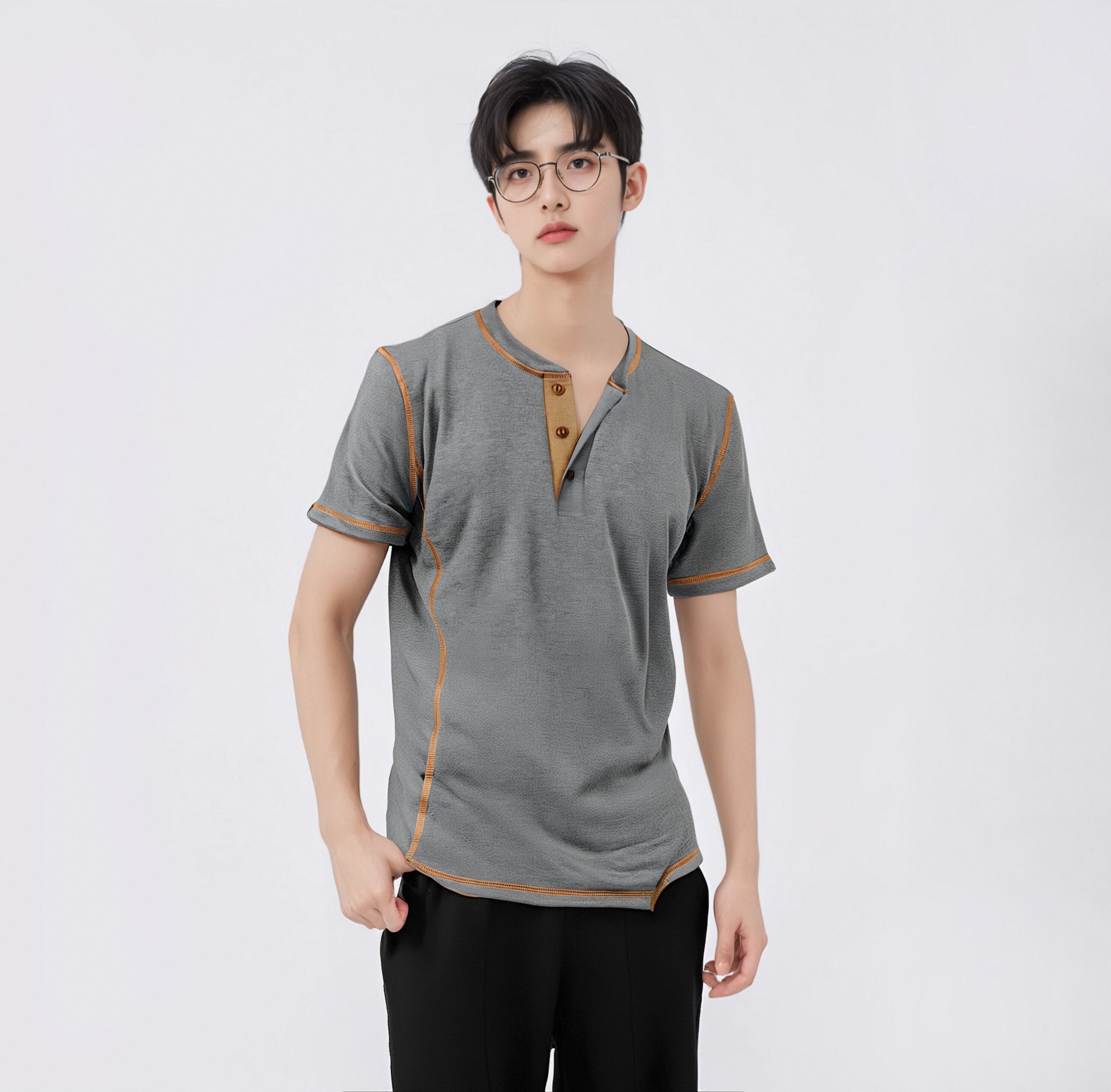 Men's Short - Sleeve Henley Shirt, Burgundy with Contrast Trim and Button Placket