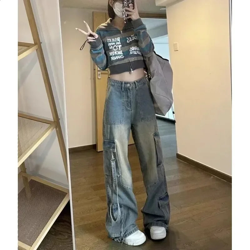 Female Jean Spliced Pockets Cargo Pants Washed Denim High Waist Full Length Jeans Loose Solid Basics Patchwork Distressed Z260313