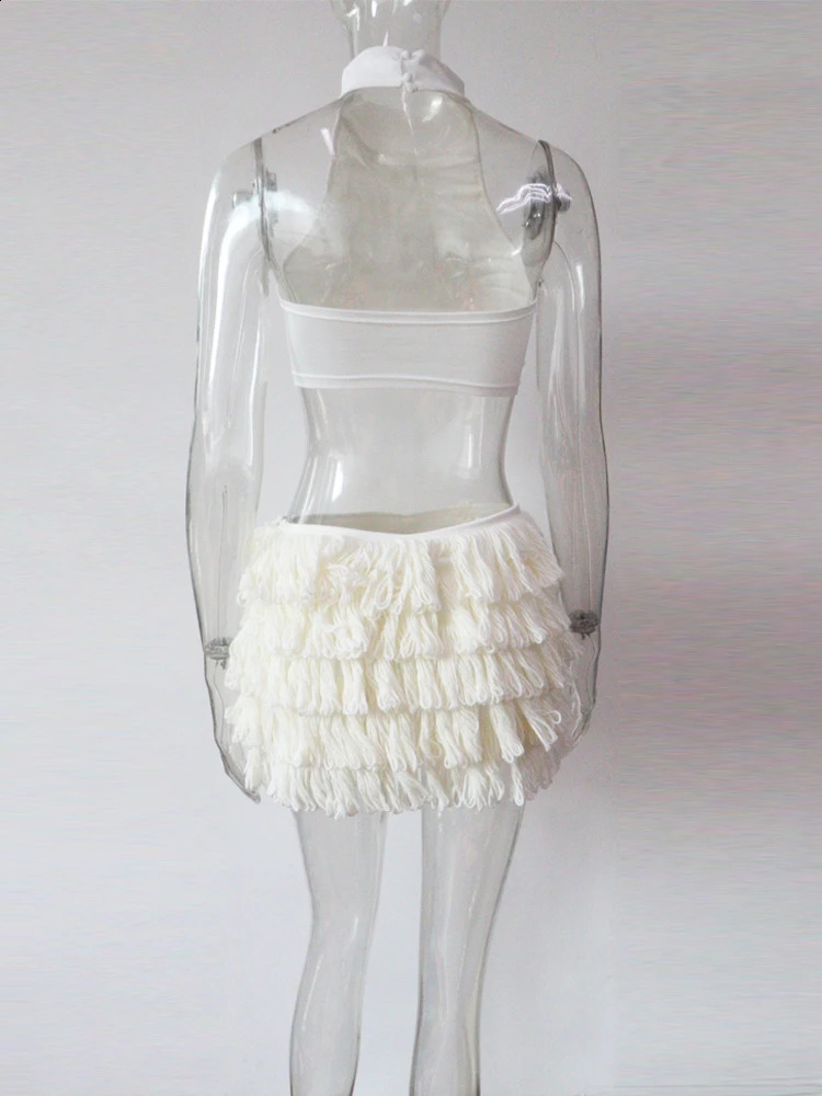 Beyprern Elegant Solid Turtleneck Knit Crop Top And Fringed Skirt Suits 2 Piece Holiday Outfits Womens Crochet Two-Piece Set 250823