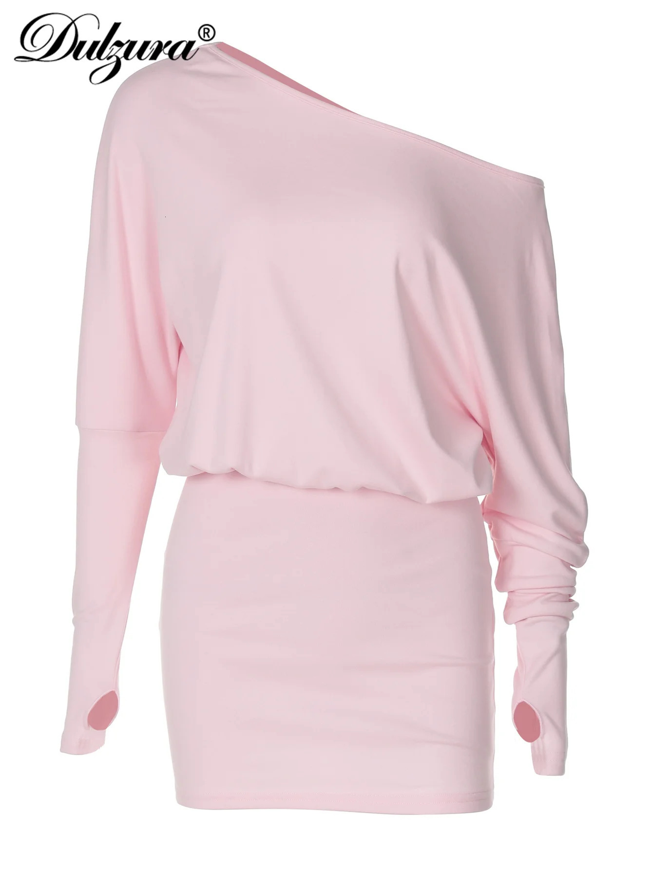 Dulzura Sexy Long Sleeve Mini Dress Oblique Shoulder Solid Simple Dresses Party Club Birthday Vacation Date Y2K Women Clothes 250822