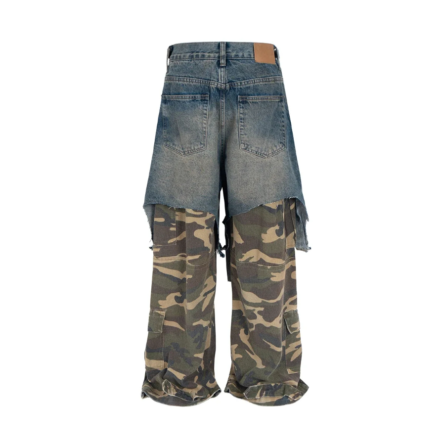 MIJKO Vintage Ripped Fake Two Pieces Patchwork Camouflage Cargo Pants for Men Distressed Baggy Jeans Wide Leg Loose Denim Trousers