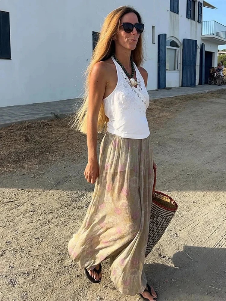 Women Floral Print See Though Wide Leg Trousers Summer Casual Pleated Loose Bloomers Female Holiday Beach Long Pants Z260314