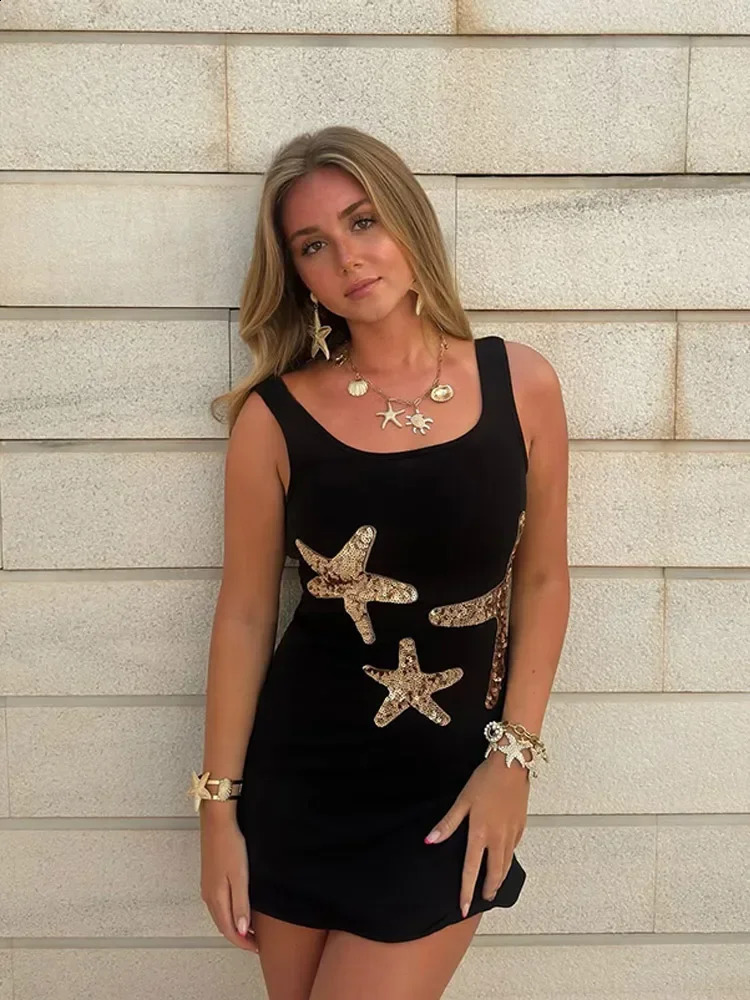 Fashion Square Neck Sequin Starfish Printing Slimming Dresses Women Sexy Sleeveless High Waist Dresses Summer Beach Dresses 250823