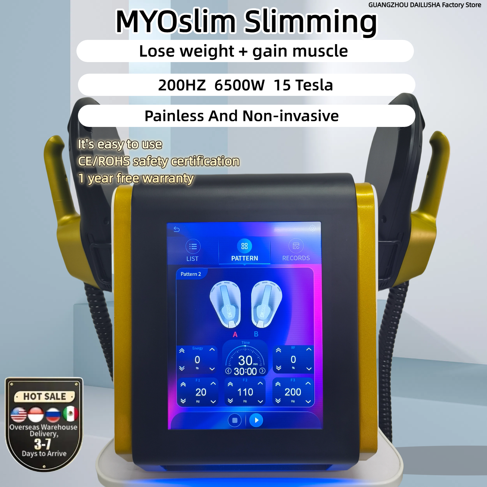 EMS MYOslim Electro Magnetic Stimulation Body Sculpting and Muscle Building Machine Reduce Fat 20,000 Muscle Exercises In 30 Minutes 2 Handles RF Mach