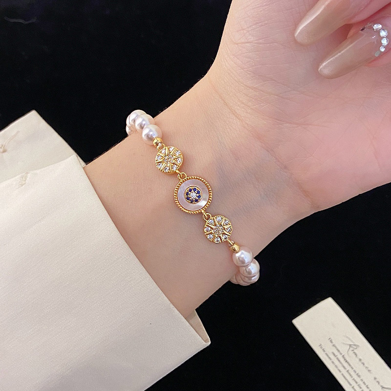 Natural Mother-of-Pearl Aquamarine High-End Shell French Set Vintage Versatile Light Pull Bracelet - view 8