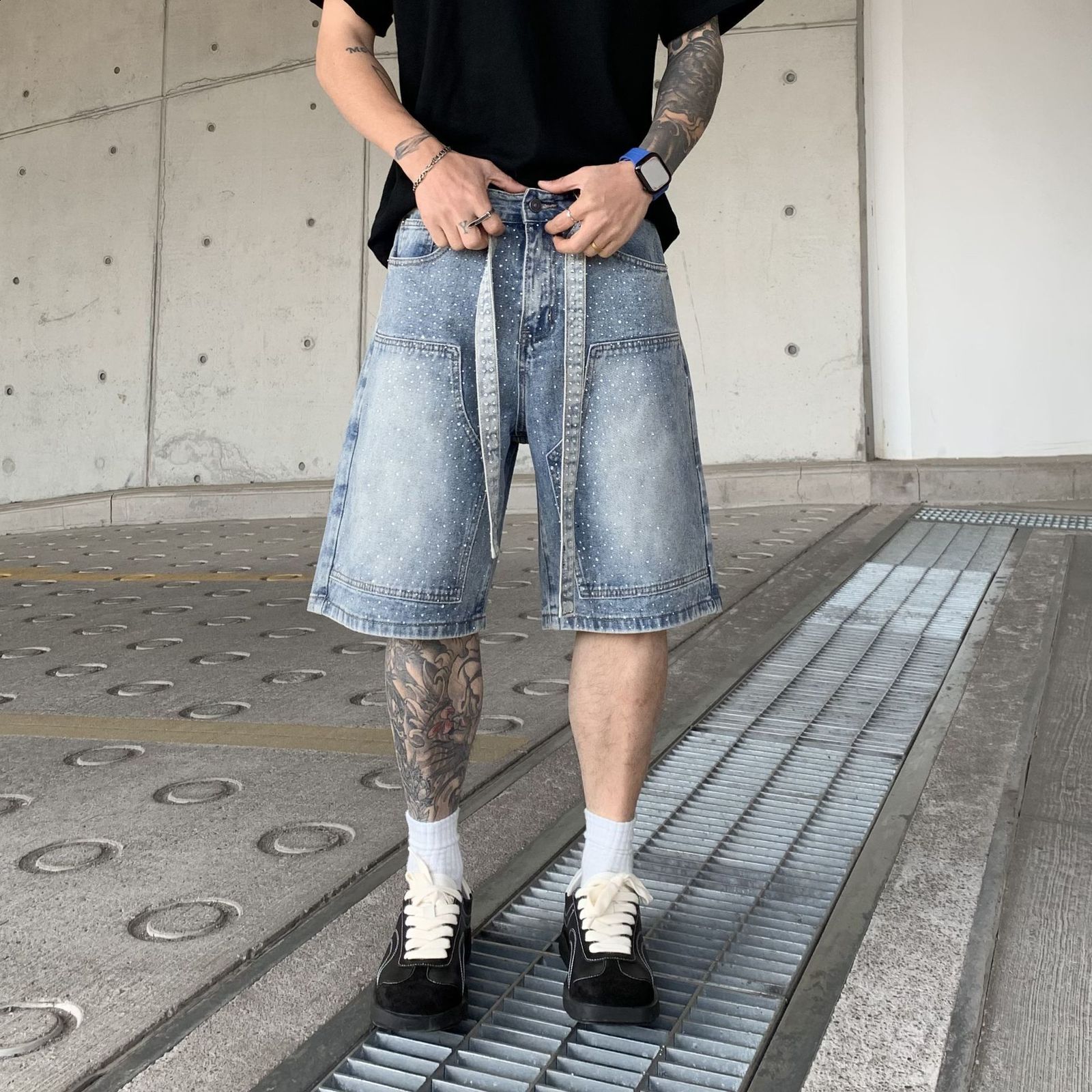 Peerage Y2k vintage rhinestone wash wide leg bag long Jorts mens streetwear excessive wear black gray loose denim jeans shorts 250109