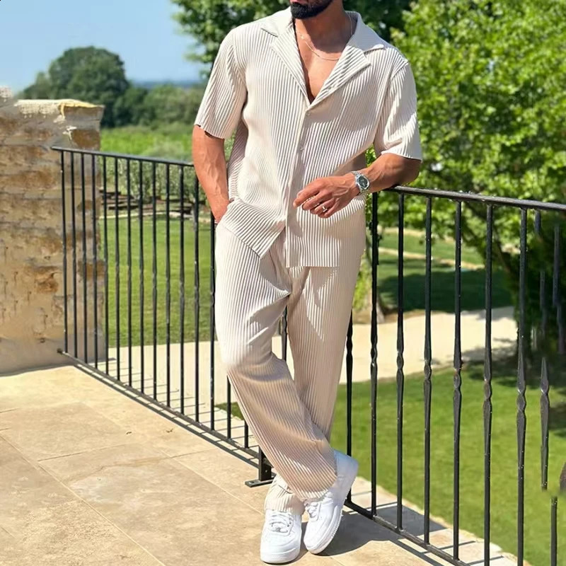 S3XL 4color summer casual fashion plain striped suit for men style complete shortsleeved trousers 250823