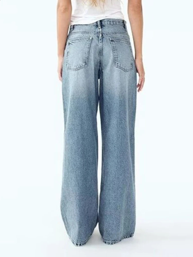 HOUZHOU Women Wide Leg Jeans Vintage Irregular Washed Denim Trousers Aesthetic Baggy Straight Asymmetrical High Waist Z260313