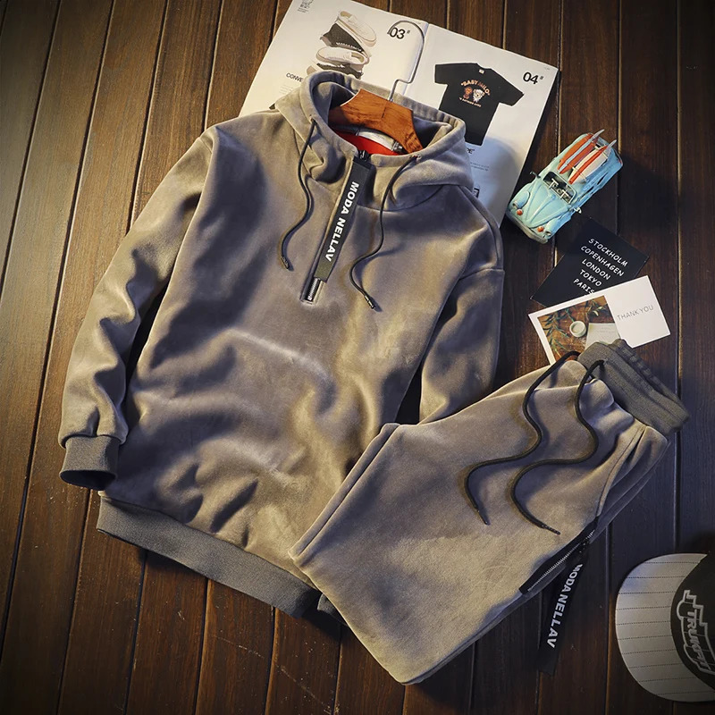 Mens Doublesided Hoodies with Pants Velvet Winter Suit Autumn Leisure Gold Set Two Piece Tracksuit y250828